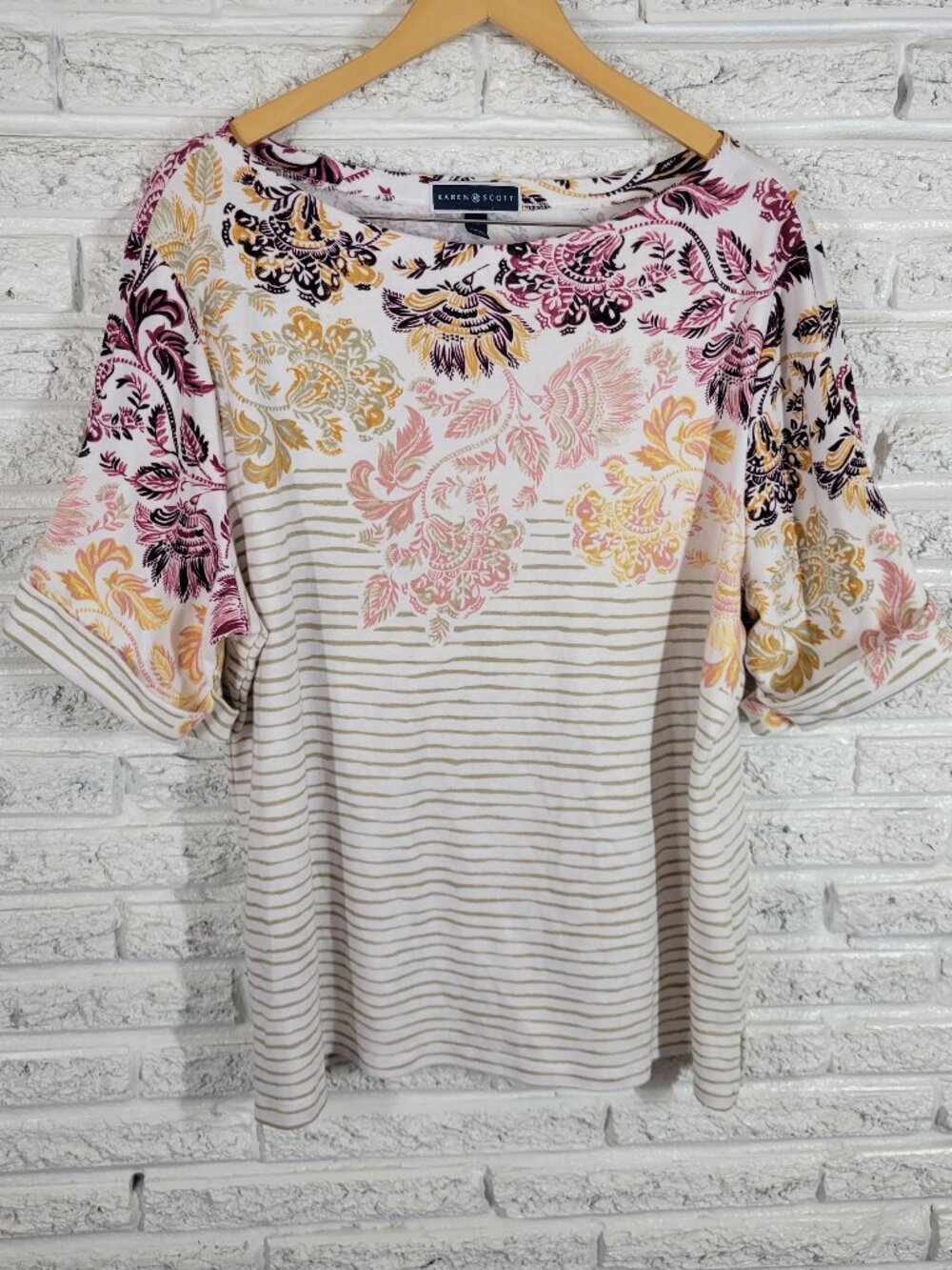 Karen Scott Womens 3X  T Shirt Multicolor Floral Striped Crew Neck‎ FLO73E